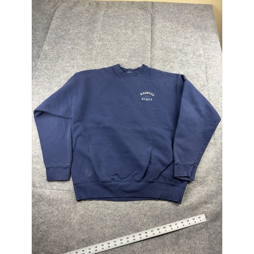 VTG Fruit Of Loom Heavy Maurices Infocus Blue Staff Crewneck Sweatshirt USA XL
